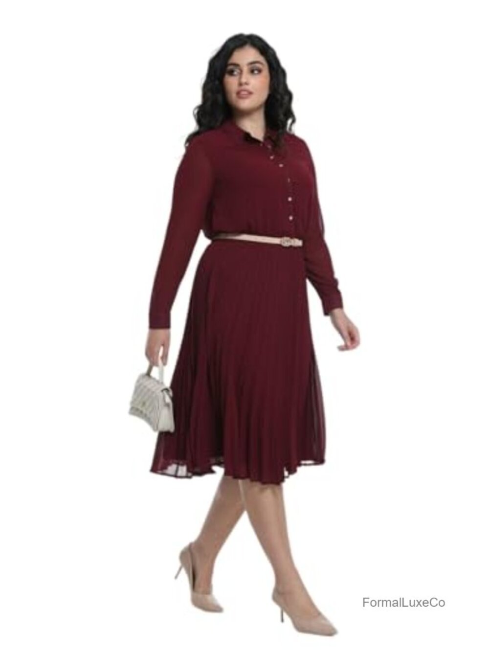 Women's Work Dress with Belt Business Casual Midi Shirt Dress